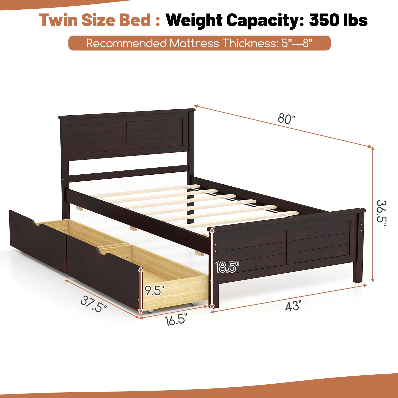SUGIFT Twin Size Bed Frame with 2 Storage Drawers 350-lb Capacity 43-in Wide Pine Wood Frame Espresso