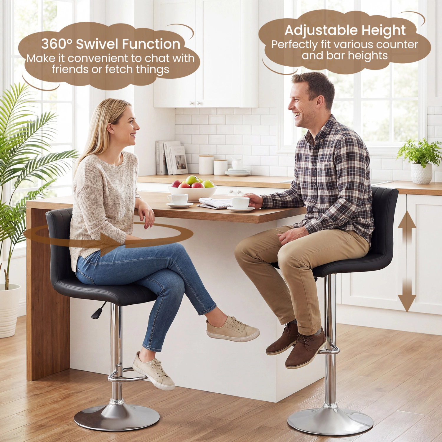 Glintex 2-Piece Adjustable Swivel Bar Stool Set with Vertical Striped Back, Black
