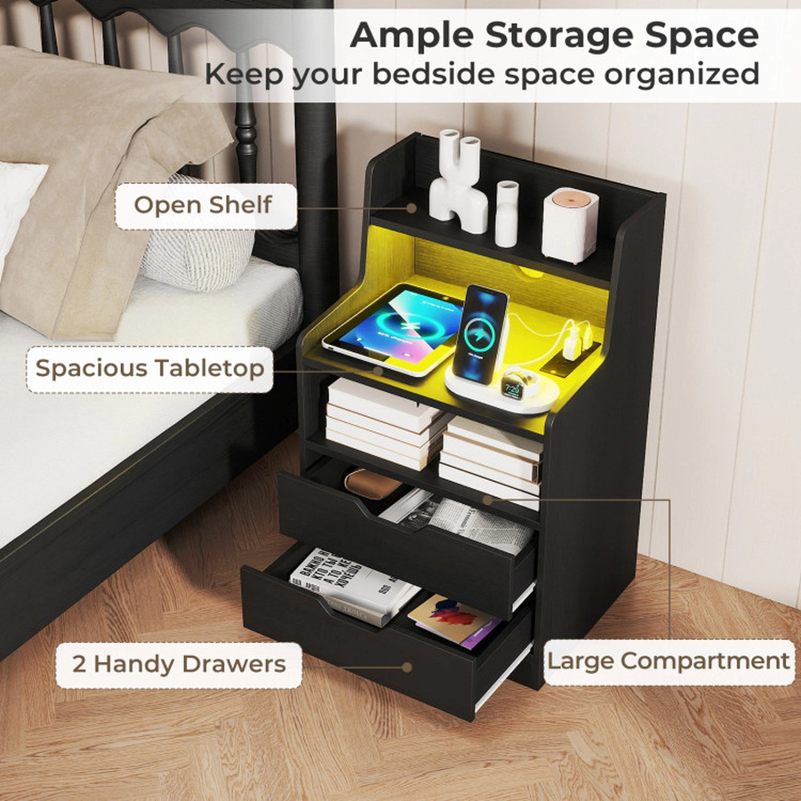 SUGIFT 28.5-Inch Black Smart LED Nightstand with App, Remote and Charging Station