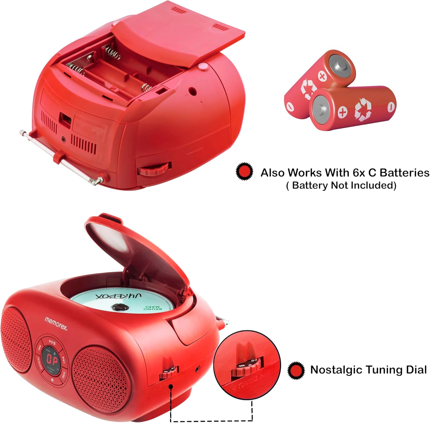 Memorex MX-BCD20 Portable Bluetooth Boombox, Red