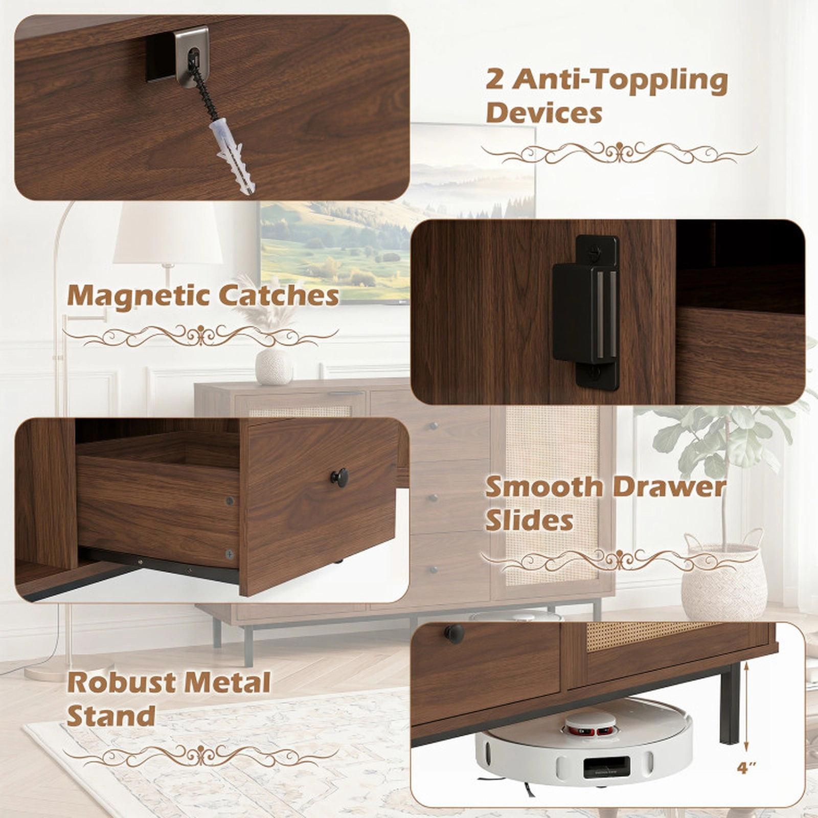 SUGIFT 3-Drawer 2 Rattan Doors Farmhouse Buffet Sideboard Cabinet 47.5-in x 16-in x 31.5-in 110-lb Capacity Brown