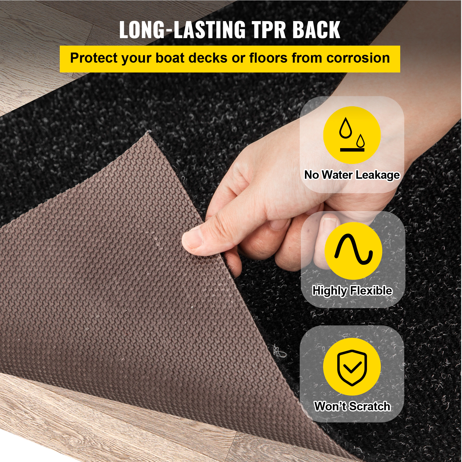 HONGGE Boat Carpet 6 ft Marine Carpet for Boats Waterproof Black Indoor Outdoor Carpet with Marine Backing Anti-Slide