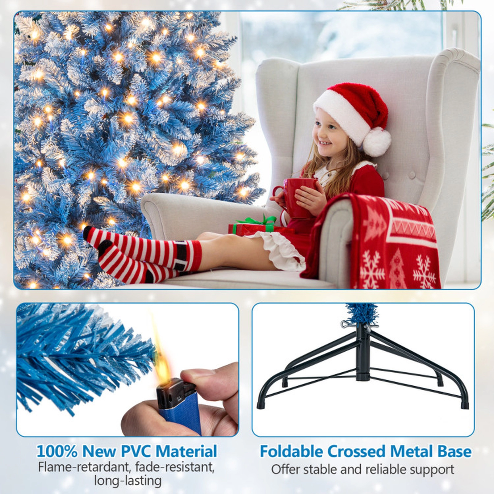 SUGIFT 7 ft Blue Artificial Christmas Tree Pre-Lit Snowy Branch Tips with Metal Stand
