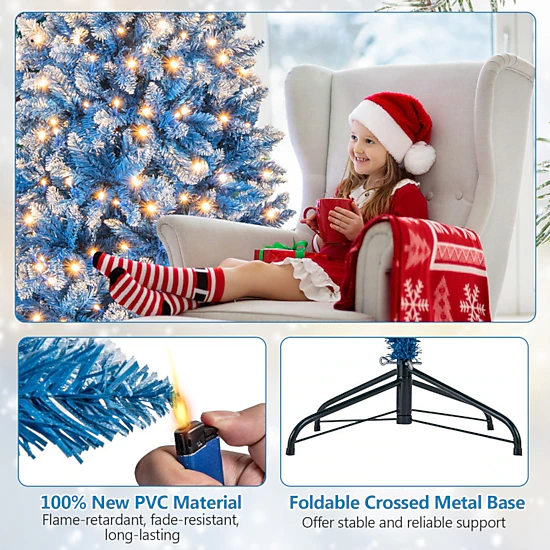 SUGIFT 7 ft Blue Artificial Christmas Tree Pre-Lit Snowy Branch Tips with Metal Stand