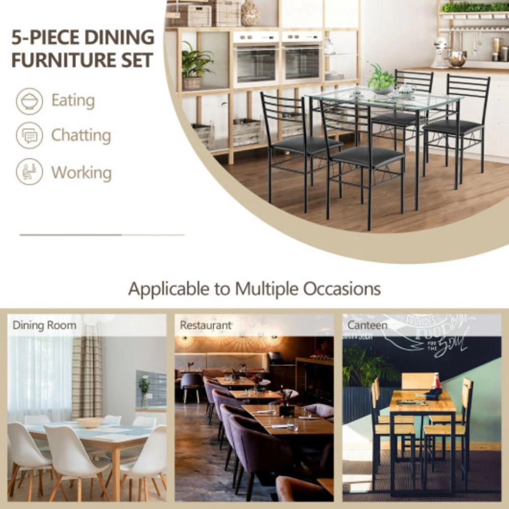 Hivvago 5 Pieces Dining Set With Tempered Glass Top Table And 4 Upholstered Chairs