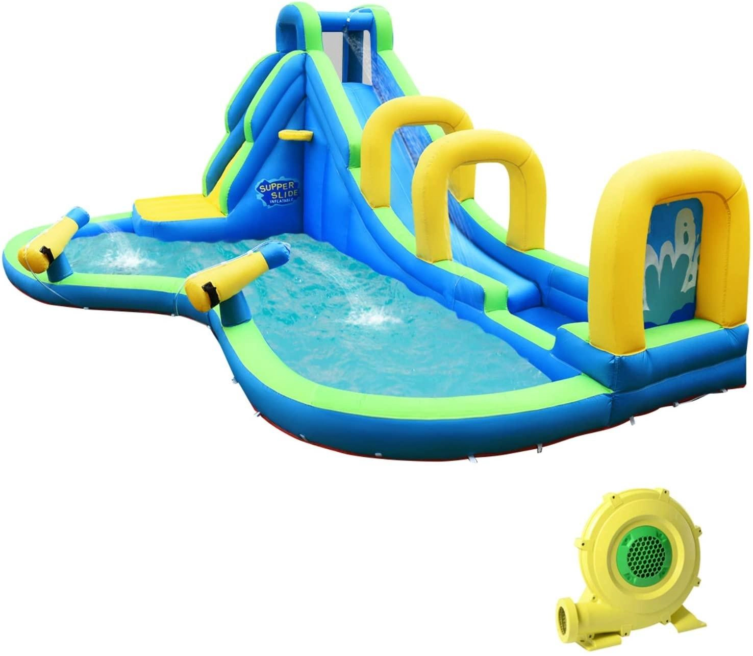 SUGIFT Blue 188-in Multifunctional Inflatable Water Bounce House with Slide and 735W Blower for Backyard