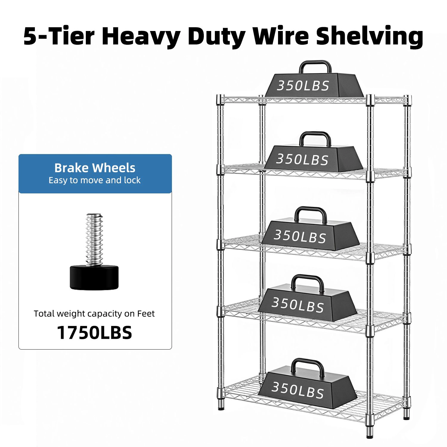Flynama 5 Tier Utility Wire Shelving 1250 lbs Steel Organizer Rack for Home Kitchen and Office