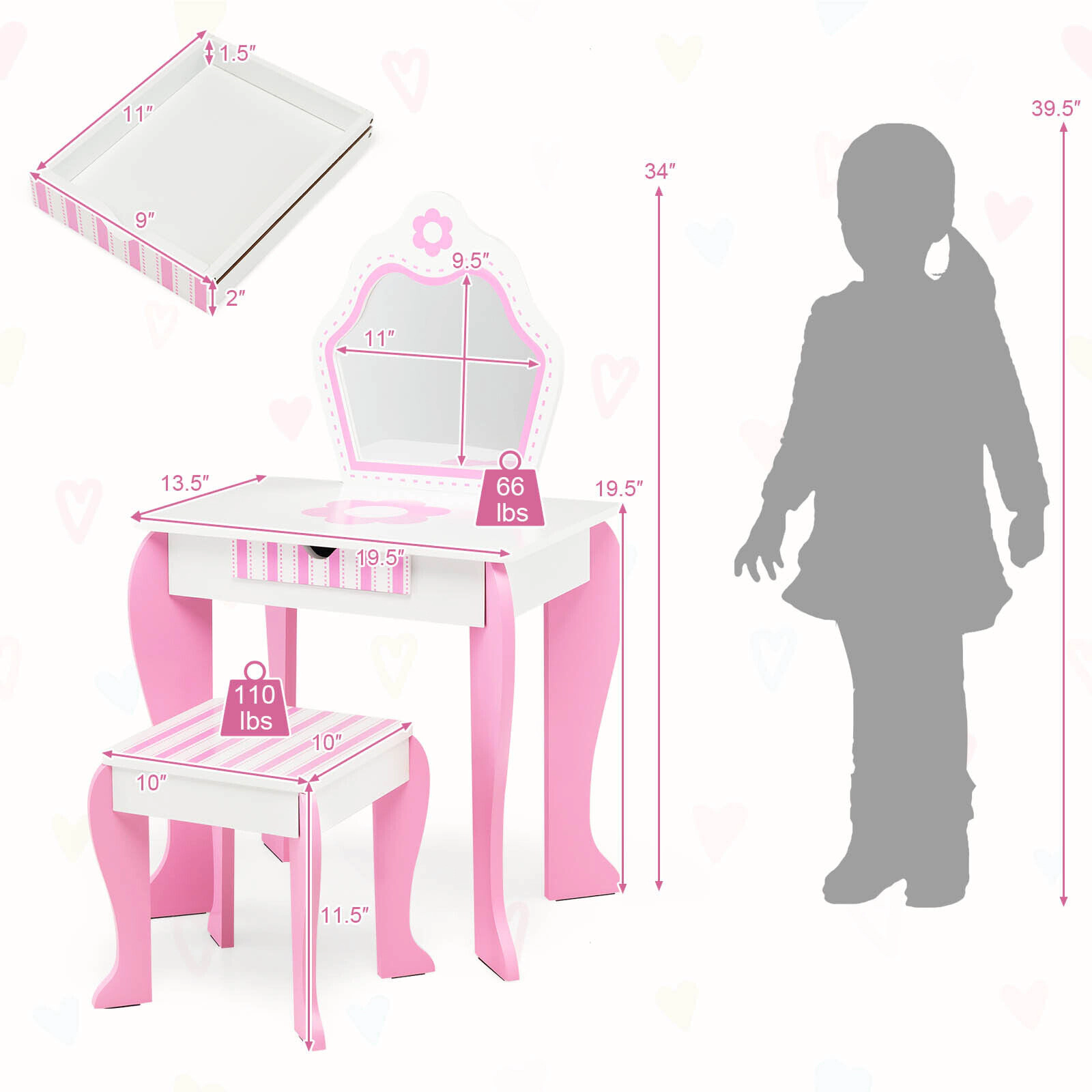 SUGIFT Kids Detachable Mirror Top Flower Patterns Vanity Table and Chair Set 19.5-in x 13.5-in x 34-in 66-lb White