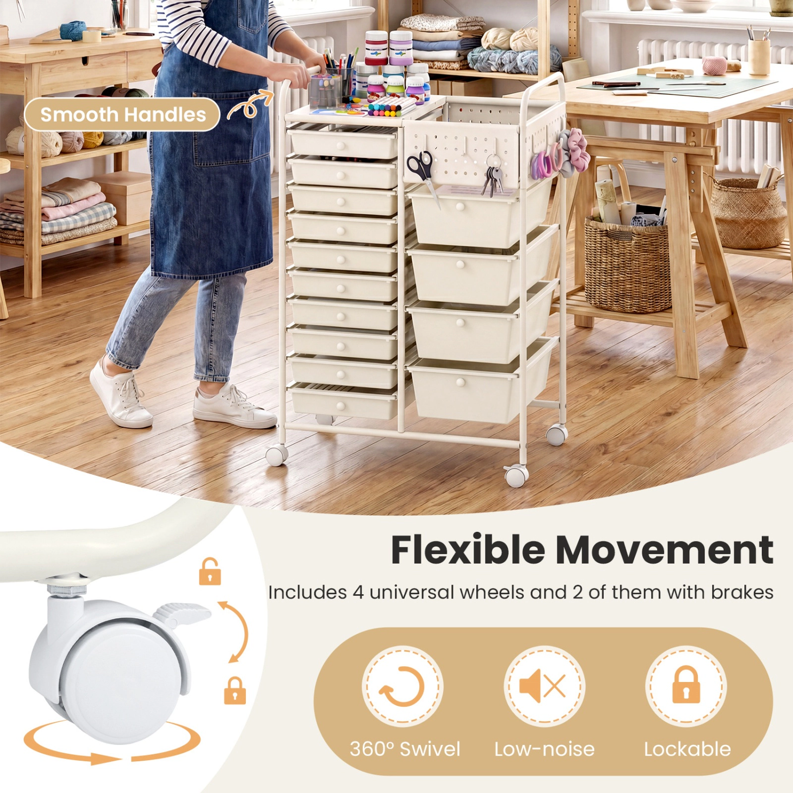 SUGIFT 14-Drawer Rolling Storage Cart with Metal Tabletop and Pegboard 34.5-in Tall White