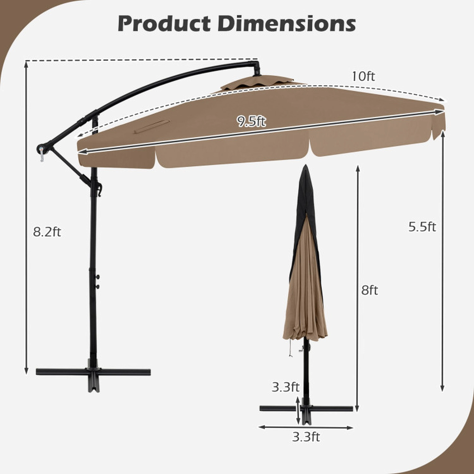 SUGIFT Taupe Protective Cover 45-Degree Tilt and Ruffled Edge 10 FT Cantilever Patio Umbrella