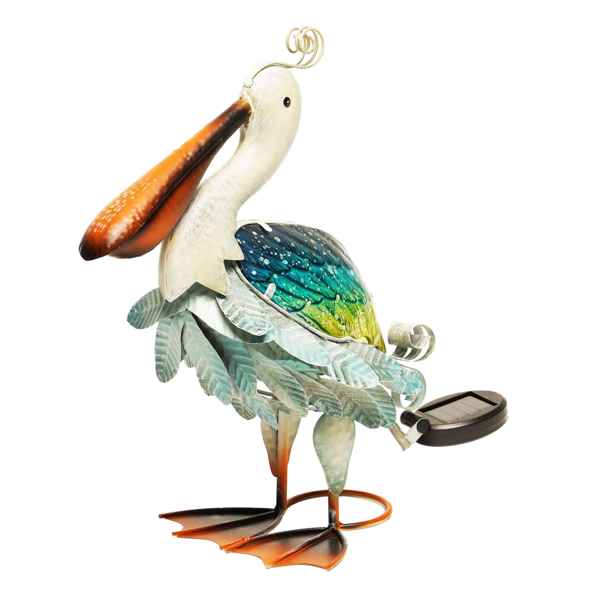 G128 Solar Metal Pelican Garden Statue - 17 Inch Colorful Wings Solar LED Yard Art for Lawn Patio Backyard