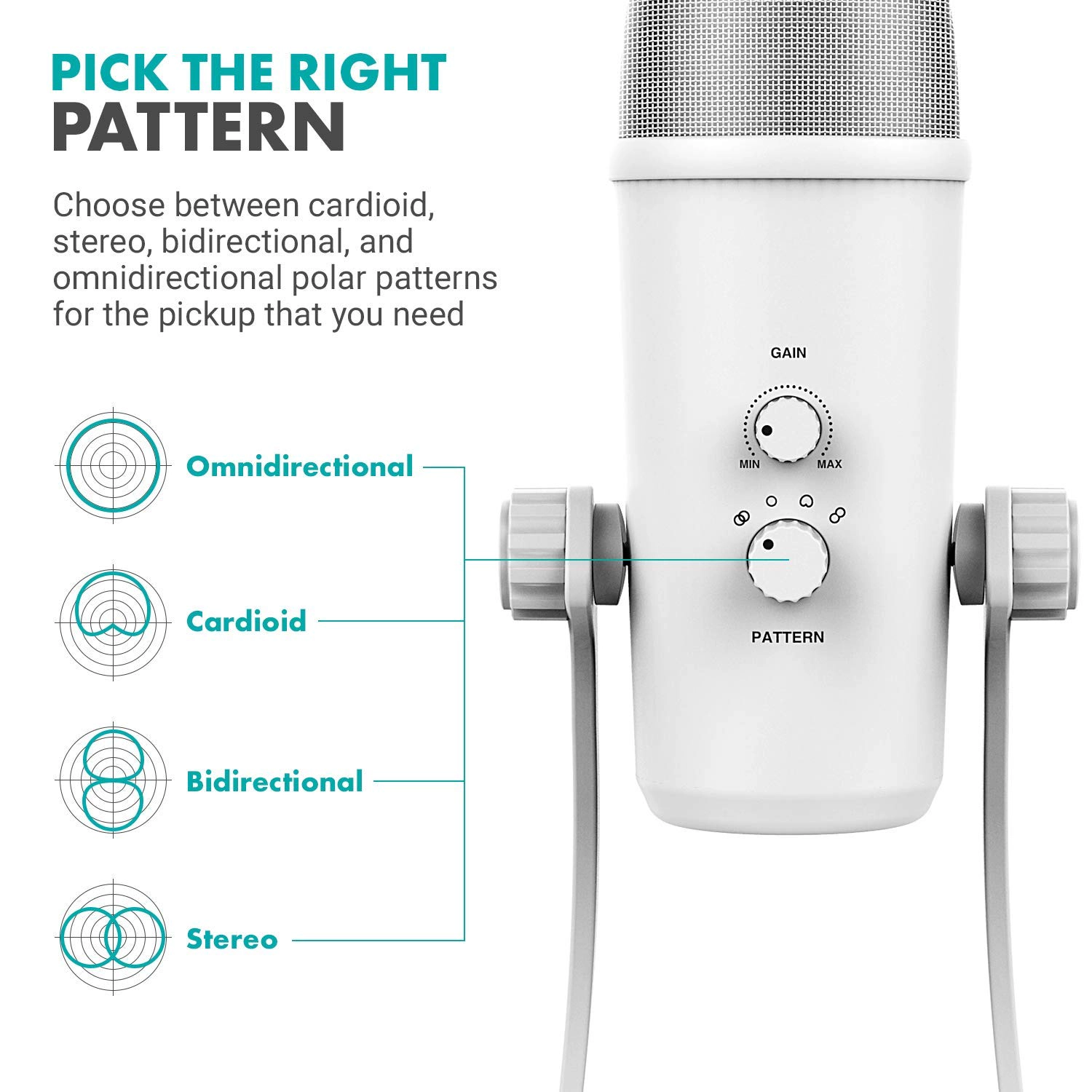 Movo UM700W White Desktop USB Microphone for Computer - Studio Mic with 4 Pickup Patterns - USB Gaming Microphone