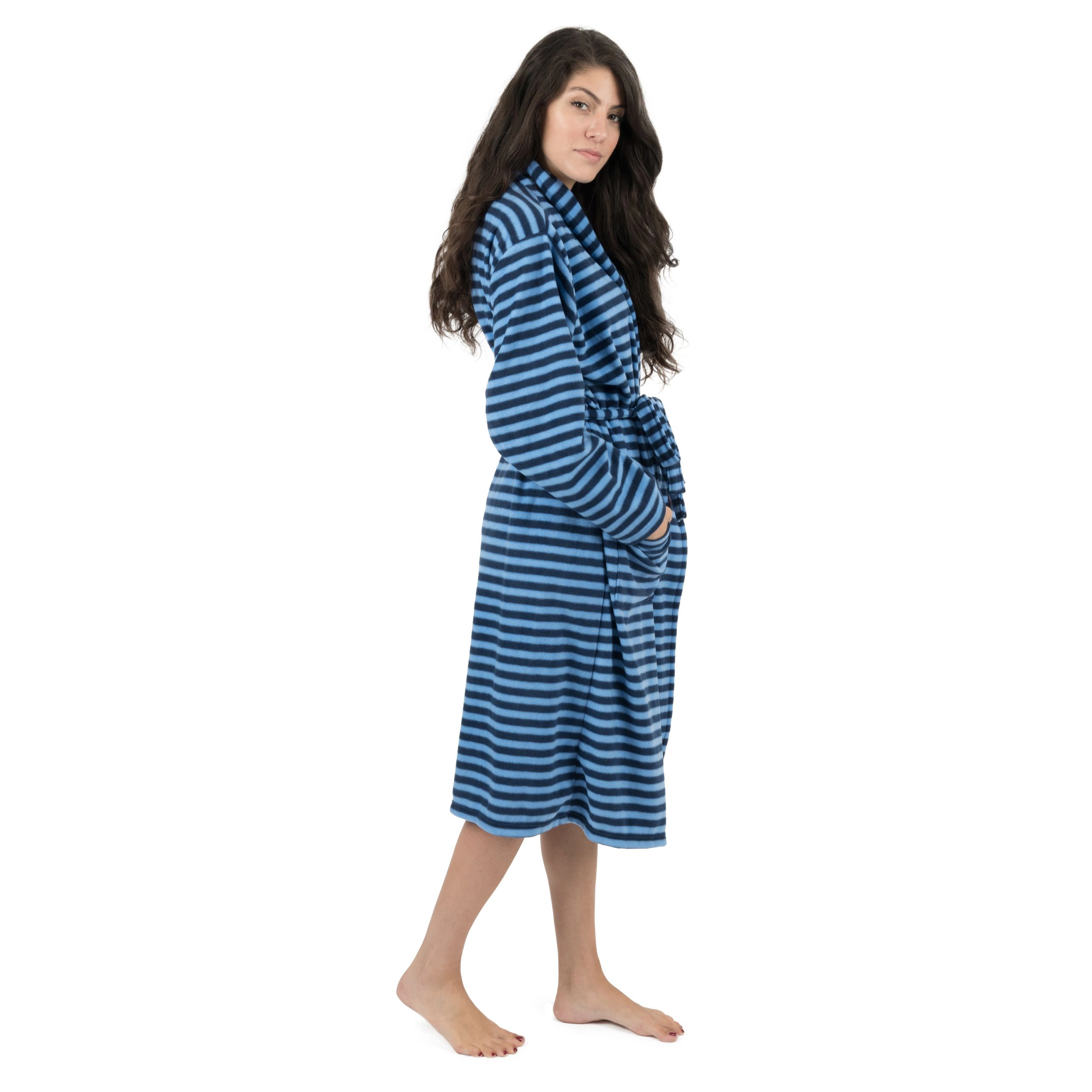 Leveret Womens Blue & Navy Striped Micro Fleece Robe