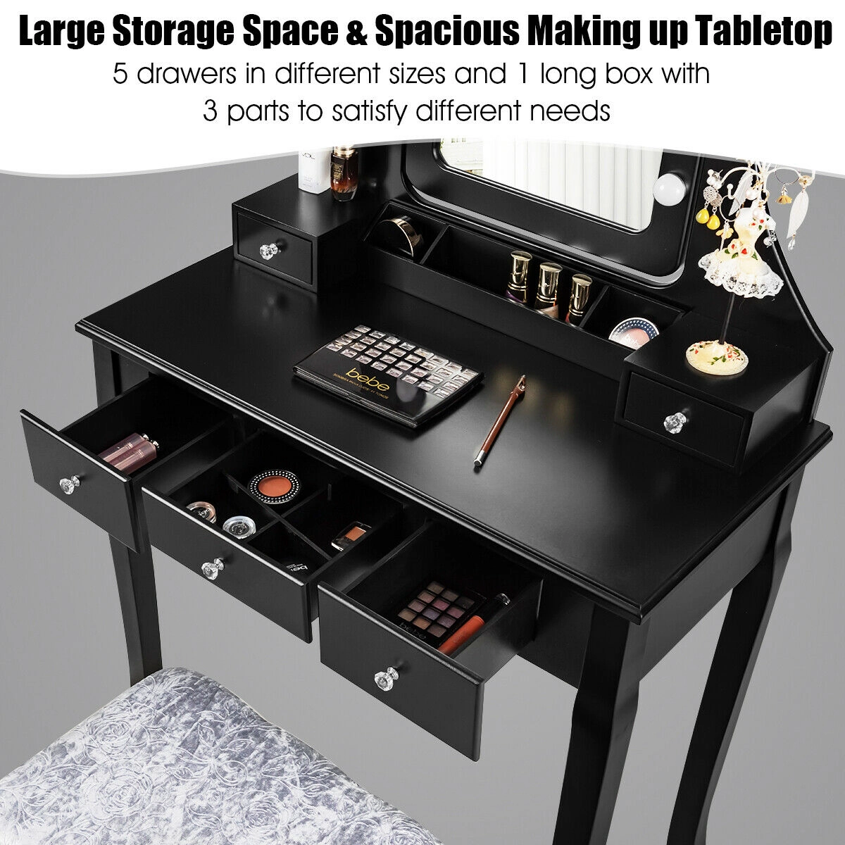 SUGIFT 10-Bulb Vanity Table and Stool Set with Lighted Mirror 5 Drawers Cushioned Black