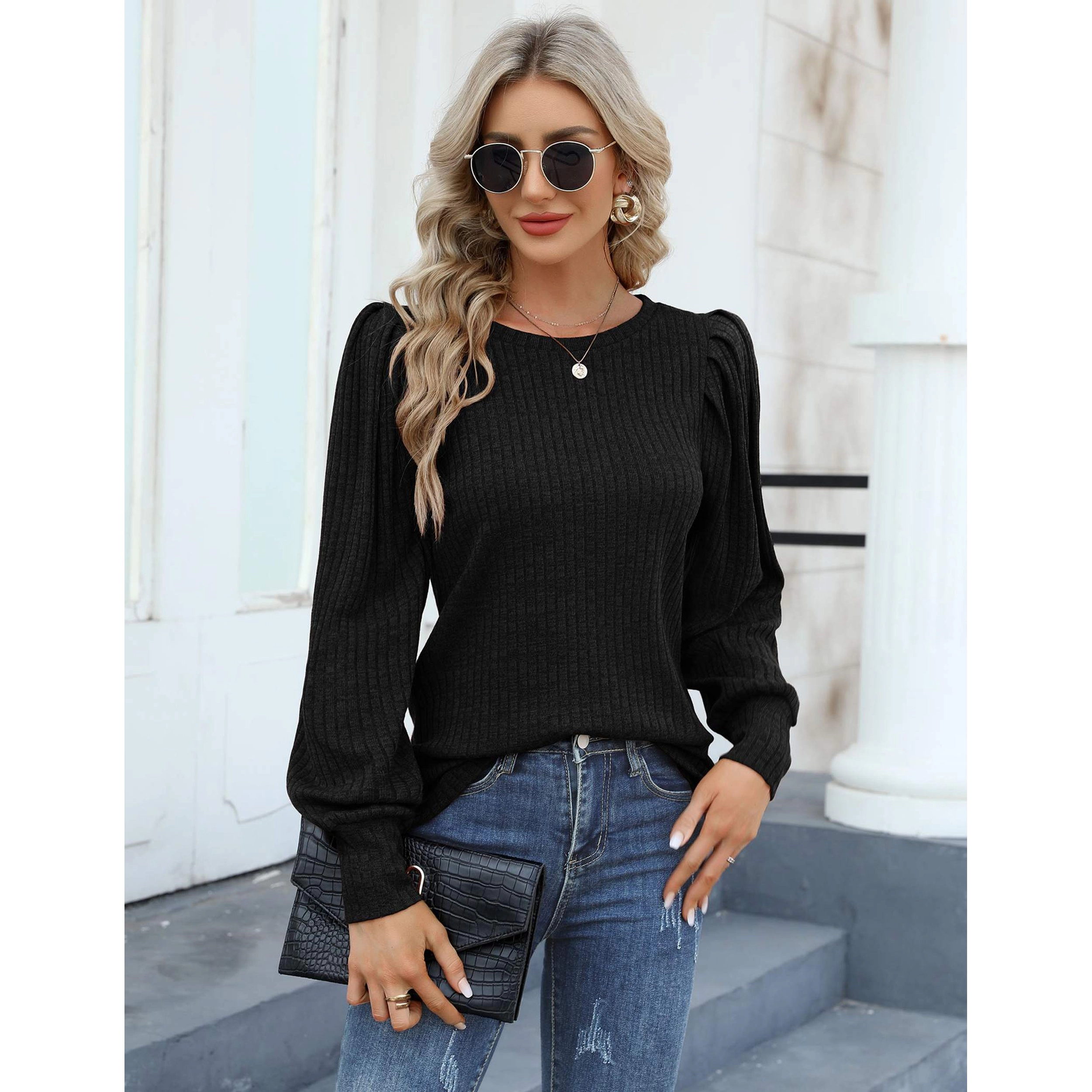 Zeagoo Women Puff Sleeve Round Neck Sweater