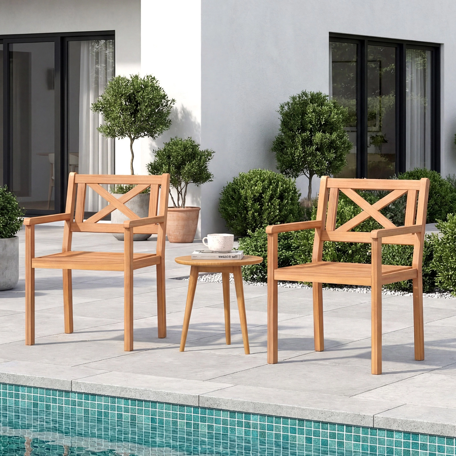 SUGIFT Acacia Wood Patio Dining Armchairs 400-lb Capacity Set of 2 Teak Finish 22-in Frame 20 x 18 in Ventilated Seat