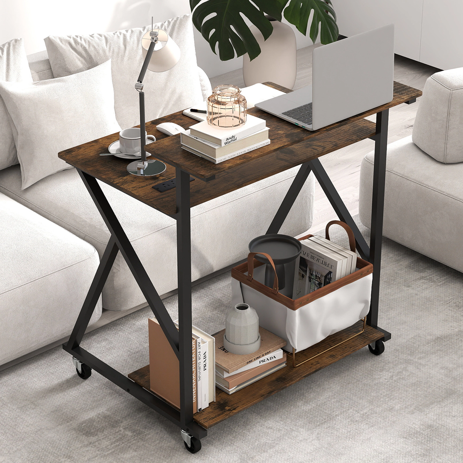 SUGIFT 32 in Rolling Computer Desk Rustic Brown for Small Spaces with Power Outlets