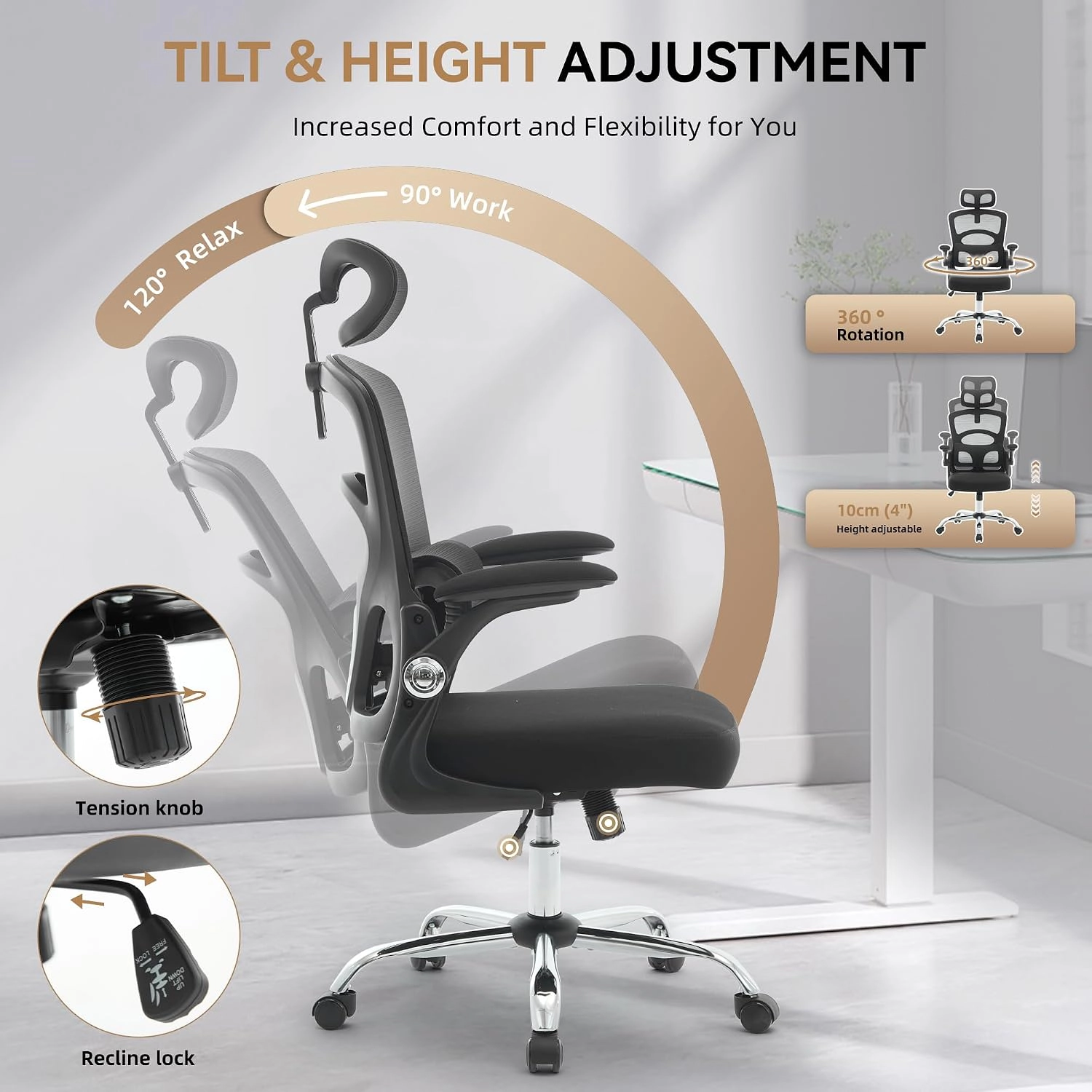 Ergonomic Mesh Office Chair, Adjustable Headrest, Comfortable Desk Chair, with 4-Level Lumbar Support