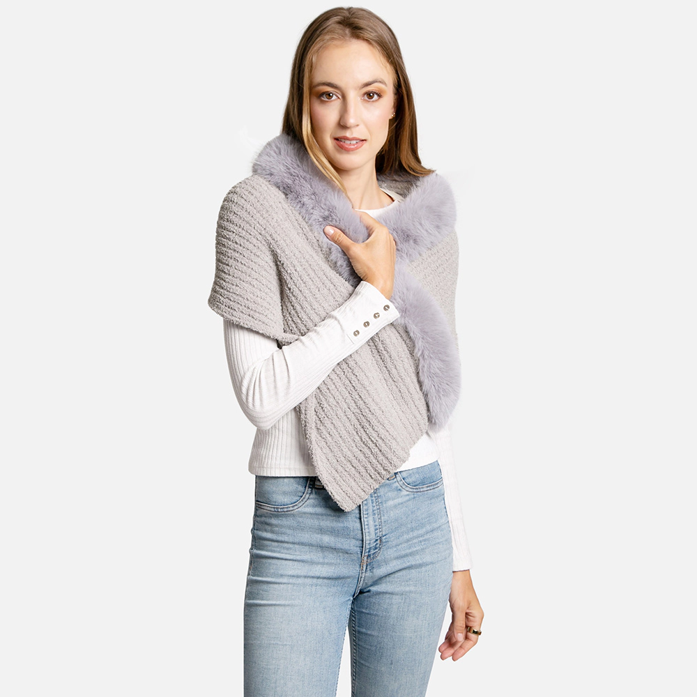 TRUEDAMES Women Faux Fur Trim Solid Knitted Rib Shawl Wrap