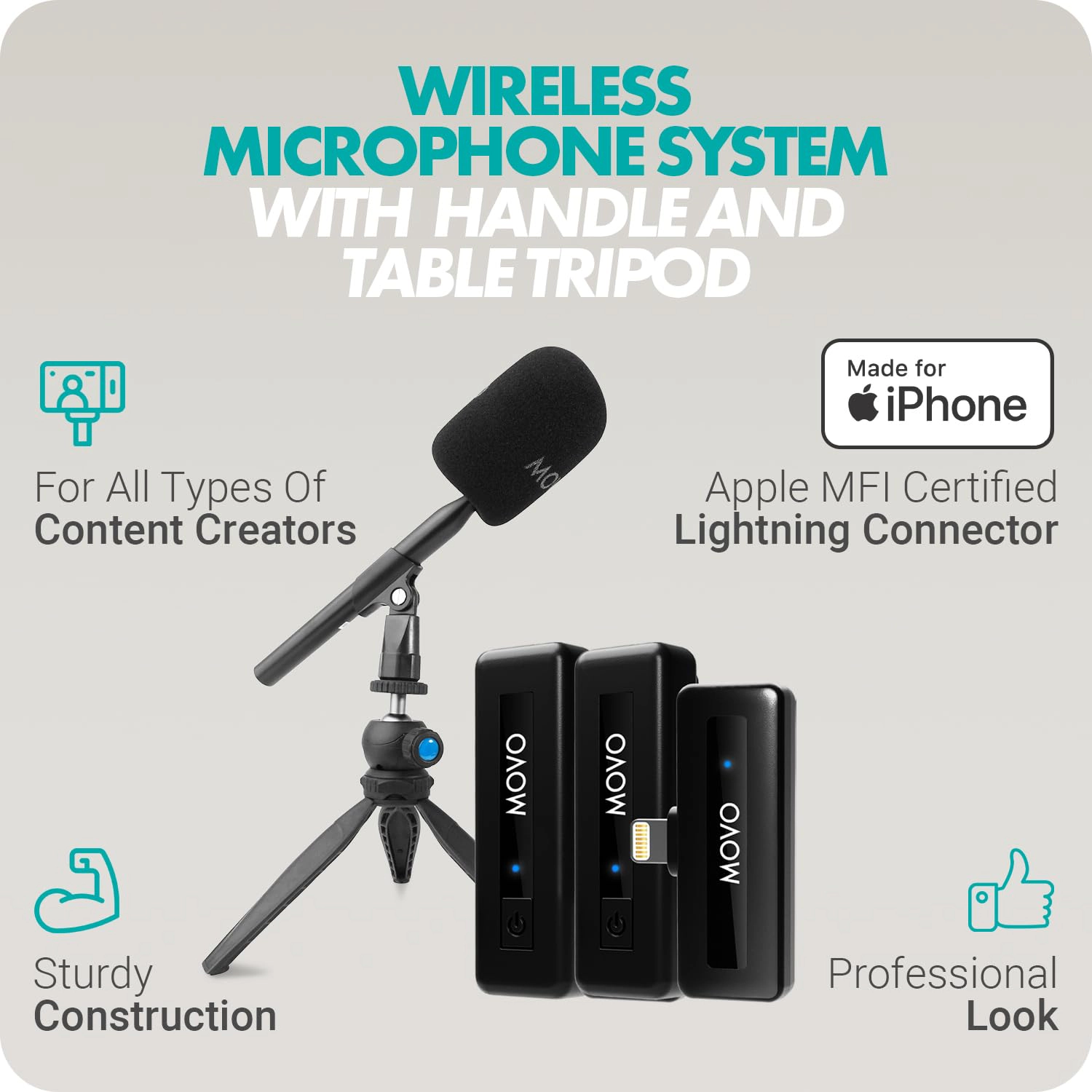 Movo Wireless Mini DI-Duo Wireless Microphone for iPhone Podcast Equipment Bundle with WMX-HM Handle/Desktop Mic St