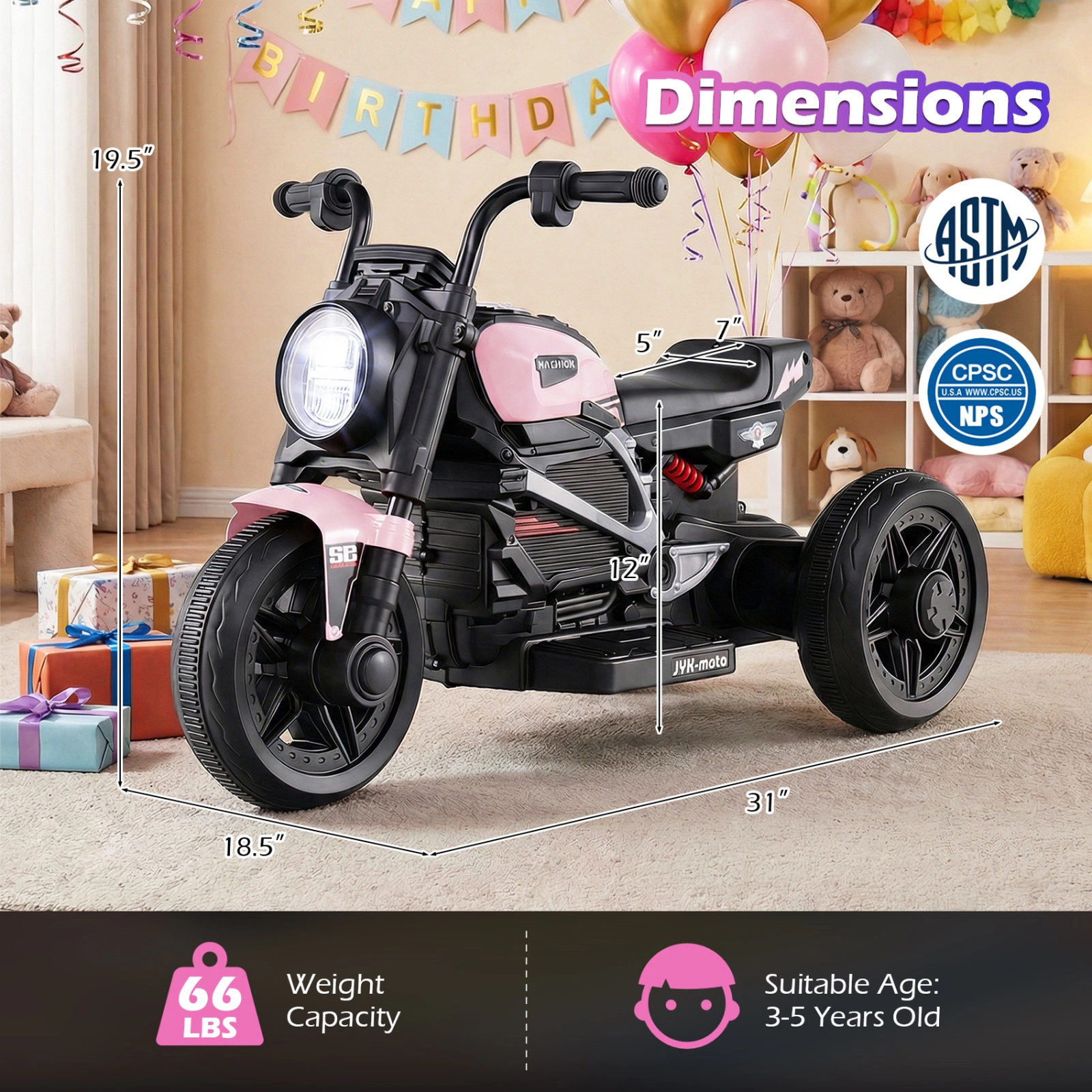 SUGIFT 6V 3-Wheel Electric Ride-On Motorcycle with LED Headlight and Music 66-lb Capacity Ages 3-5 Pink & Black
