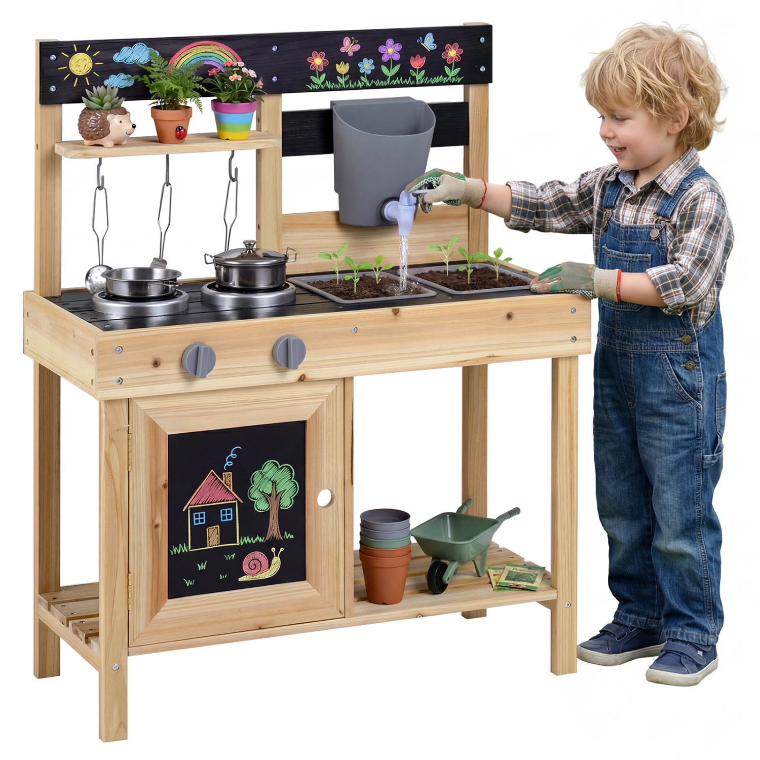LJG Mud Kitchen Playset Kids Play Kitchen Outdoor with 2 Removable Sinks