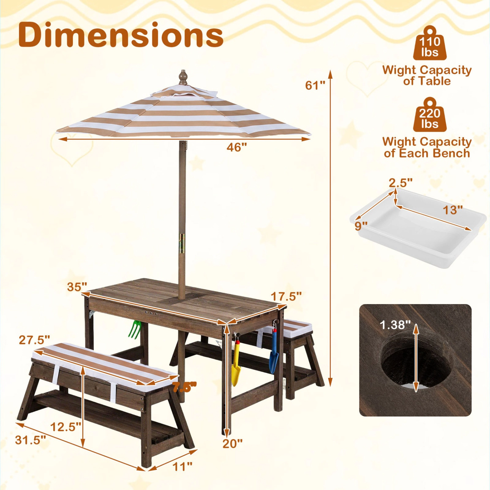 SUGIFT Umbrella and Water Boxes Kids Outdoor Fir Wood Picnic Table Bench Set