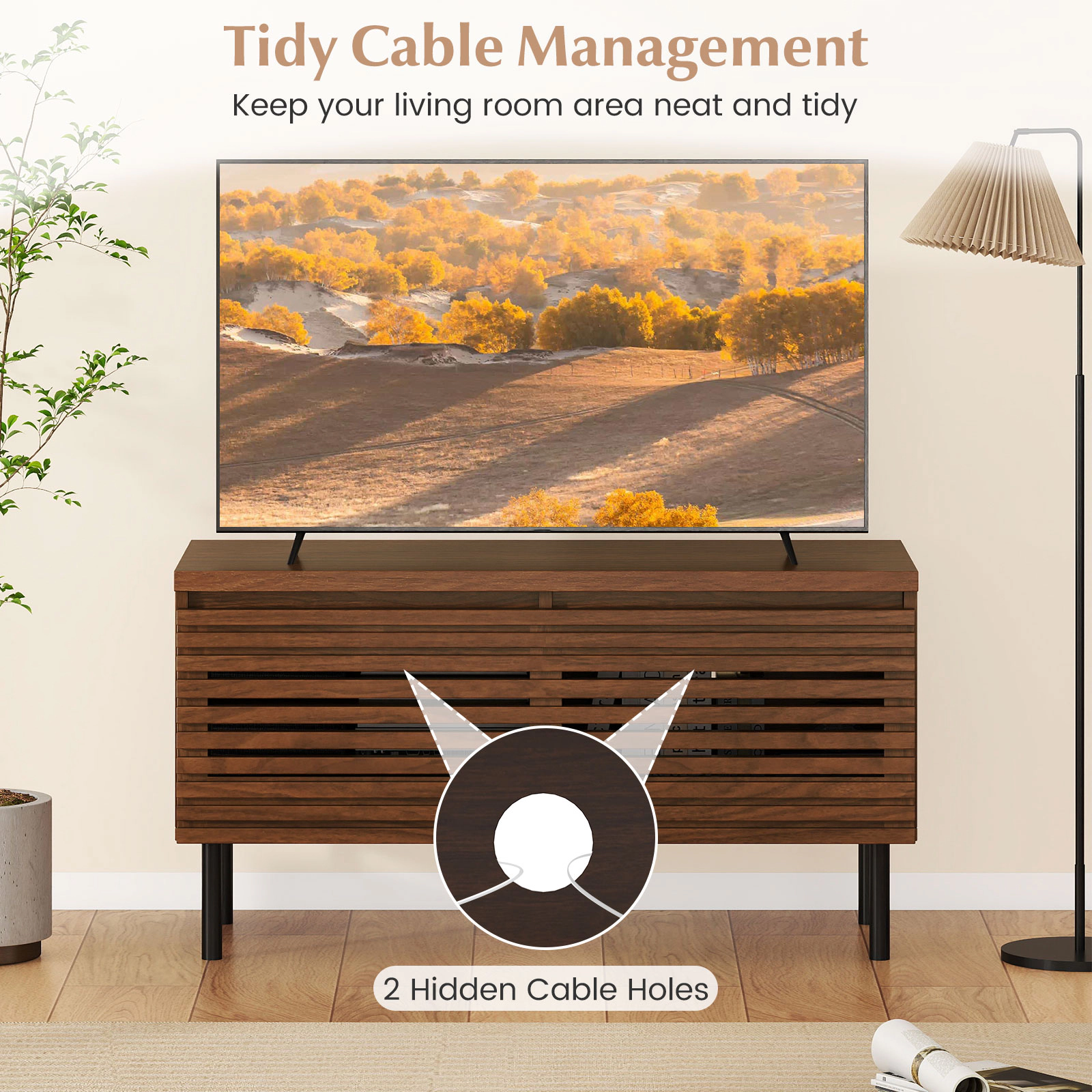 Glintex 35.5-Inch Fluted TV Stand with 2 Hidden Compartments, Walnut
