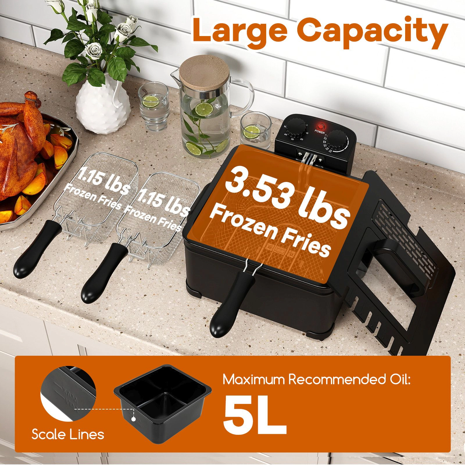 SlickBlue Black Electric Deep Fryer 1700W, 5.3Qt Oil Pot, 3 Baskets, Adjustable Heat