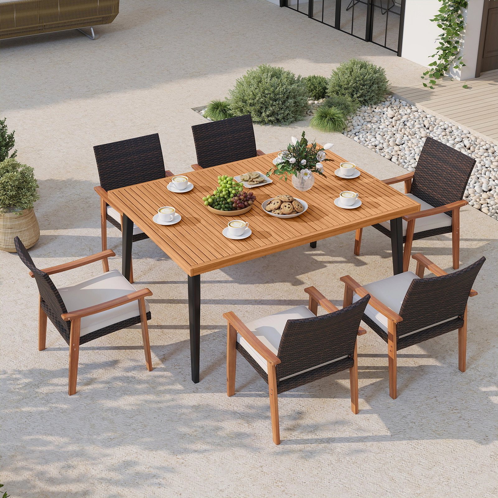 SUGIFT 63-in Acacia Wood Dining Table for 6, Indoor Outdoor Patio Table with Metal Legs and Umbrella Hole