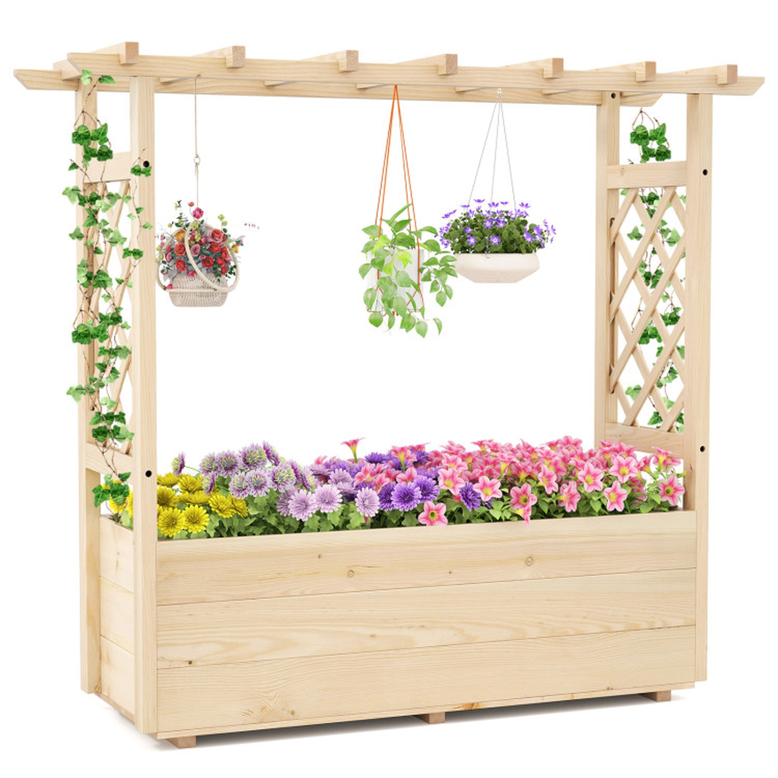 SUGIFT Raised Garden Bed Wooden Elevated Planter Box with Hanging Roof and Trellis 41-in Tall Natural Pine Wood 1-Pc