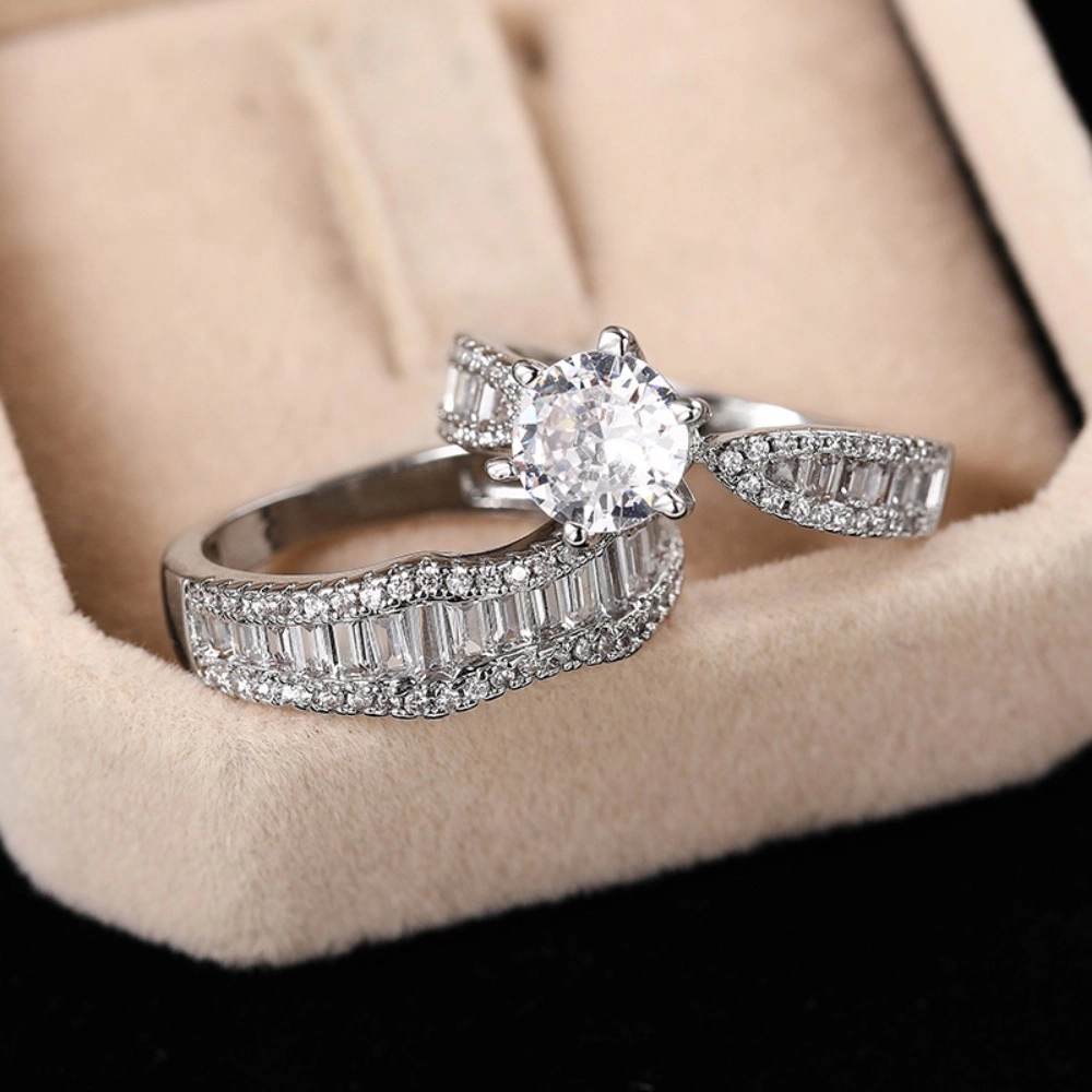 White Gold Plated Two-in-One Halo Wedding Promise Ring for Women