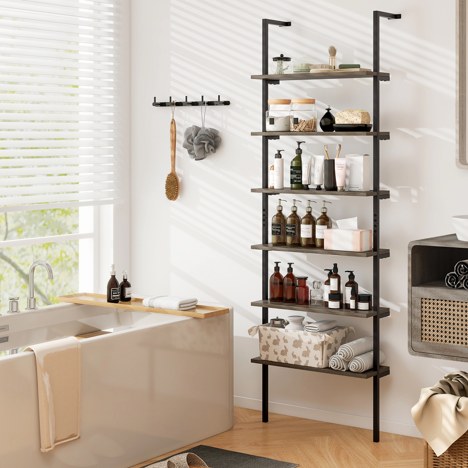 SlickBlue 6 Tier Wall Mounted Ladder Bookshelf with Metal Frame
