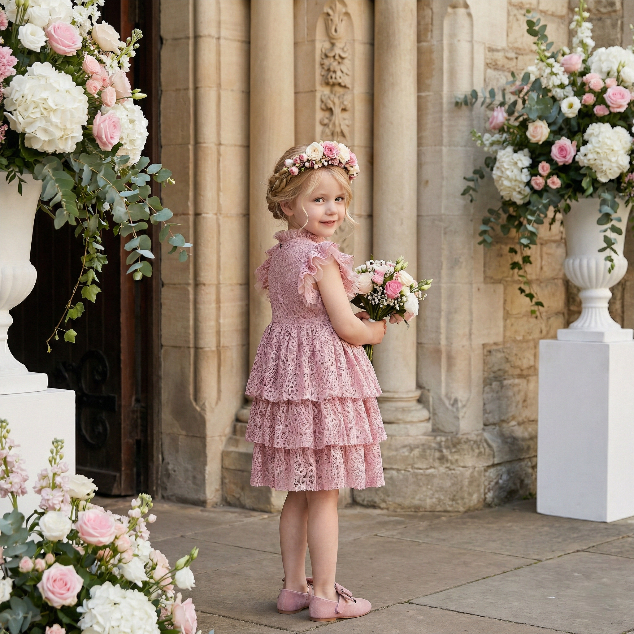 2Bunnies Girls' 12M-8Y Iris Lace Tiered Knee-Length Boho Flower Girl Dress