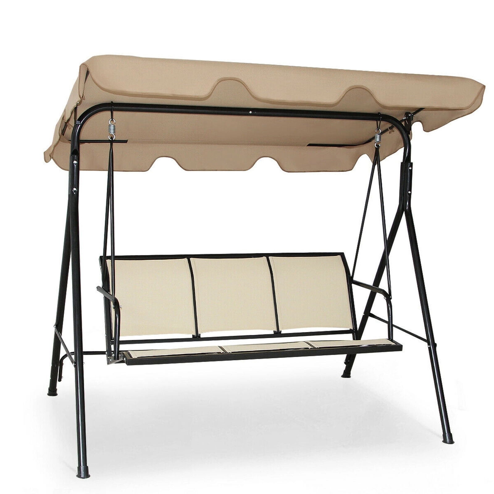 SUGIFT 3 Person Steel Frame Patio Swing with Adjustable Canopy 550-lb Capacity 67-in Wide Textilene Polyester Seat Brown