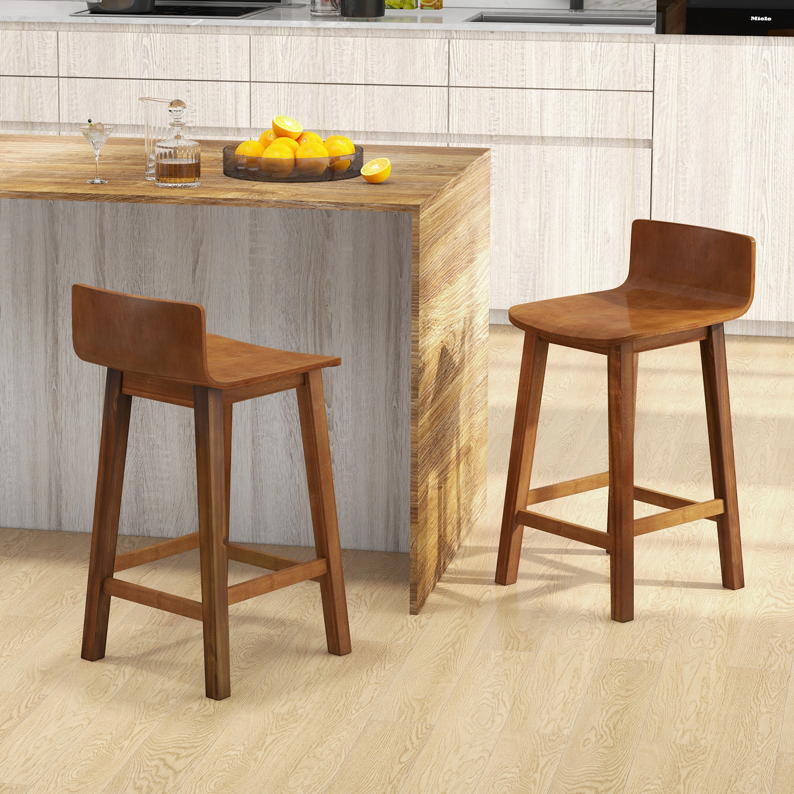 SUGIFT Brown Solid Back and Seat Mid-Century Design Set of 2 Wood Bar Stool