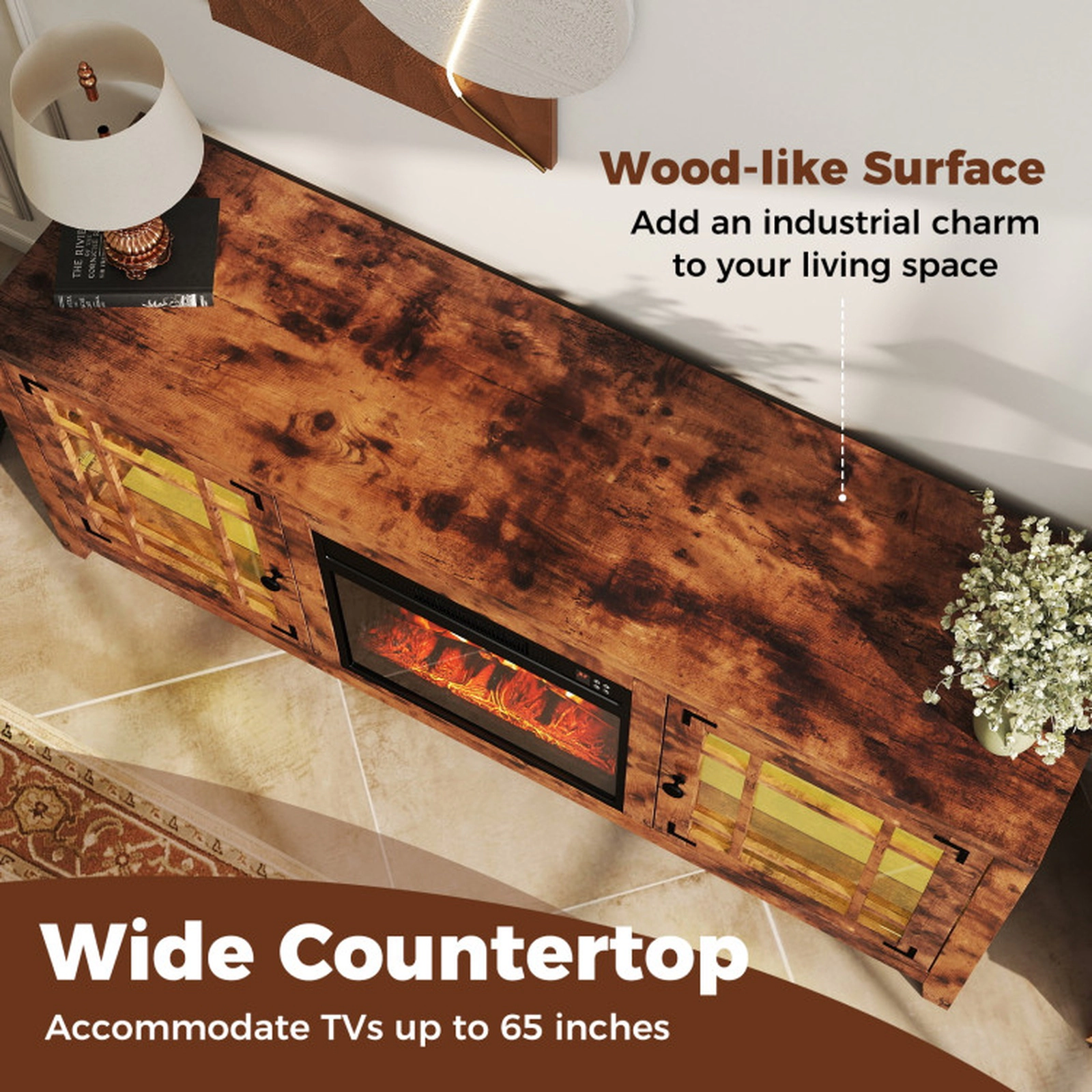 SUGIFT 58-In Rustic Brown Fireplace TV Stand, 5000 BTU, RGB LED Lights, 18-In Electric Fireplace