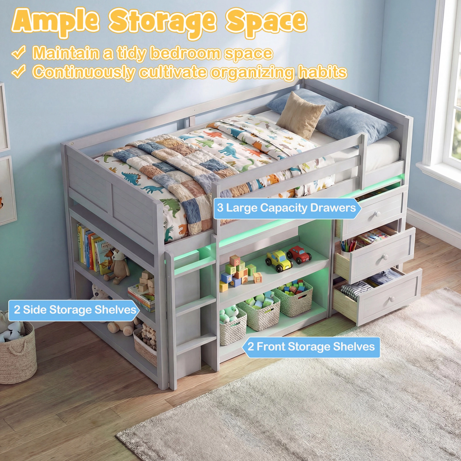 SUGIFT Gray LED Lights Drawers and Under-Bed Shelves Twin Size Kids Loft Bed