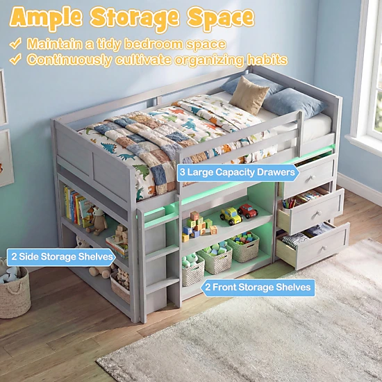 SUGIFT Gray LED Lights Drawers and Under-Bed Shelves Twin Size Kids Loft Bed