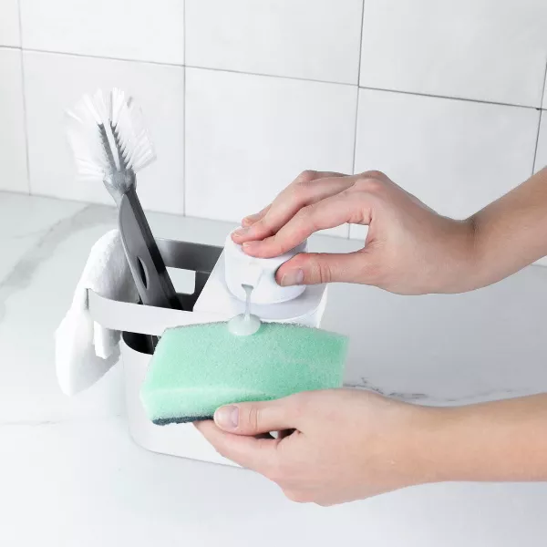 OU 22oz Soap Dispenser w/ Sponge & Dish Brush Holder Organizer w/ Drainage, Soap Pump Compatible w/ Gel & Dish Soaps