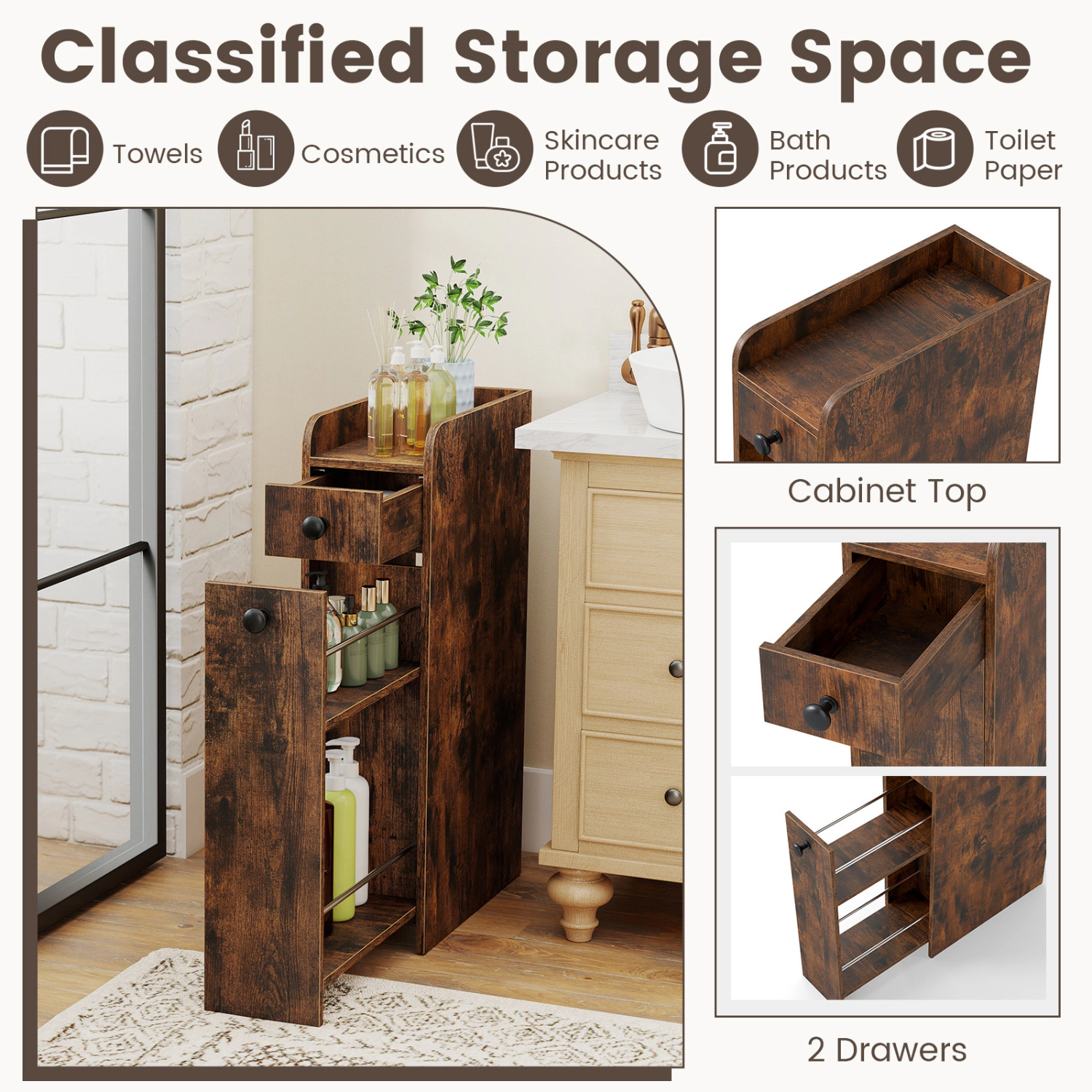 SlickBlue Narrow Bathroom Cabinet with Pull-Out Storage Drawers