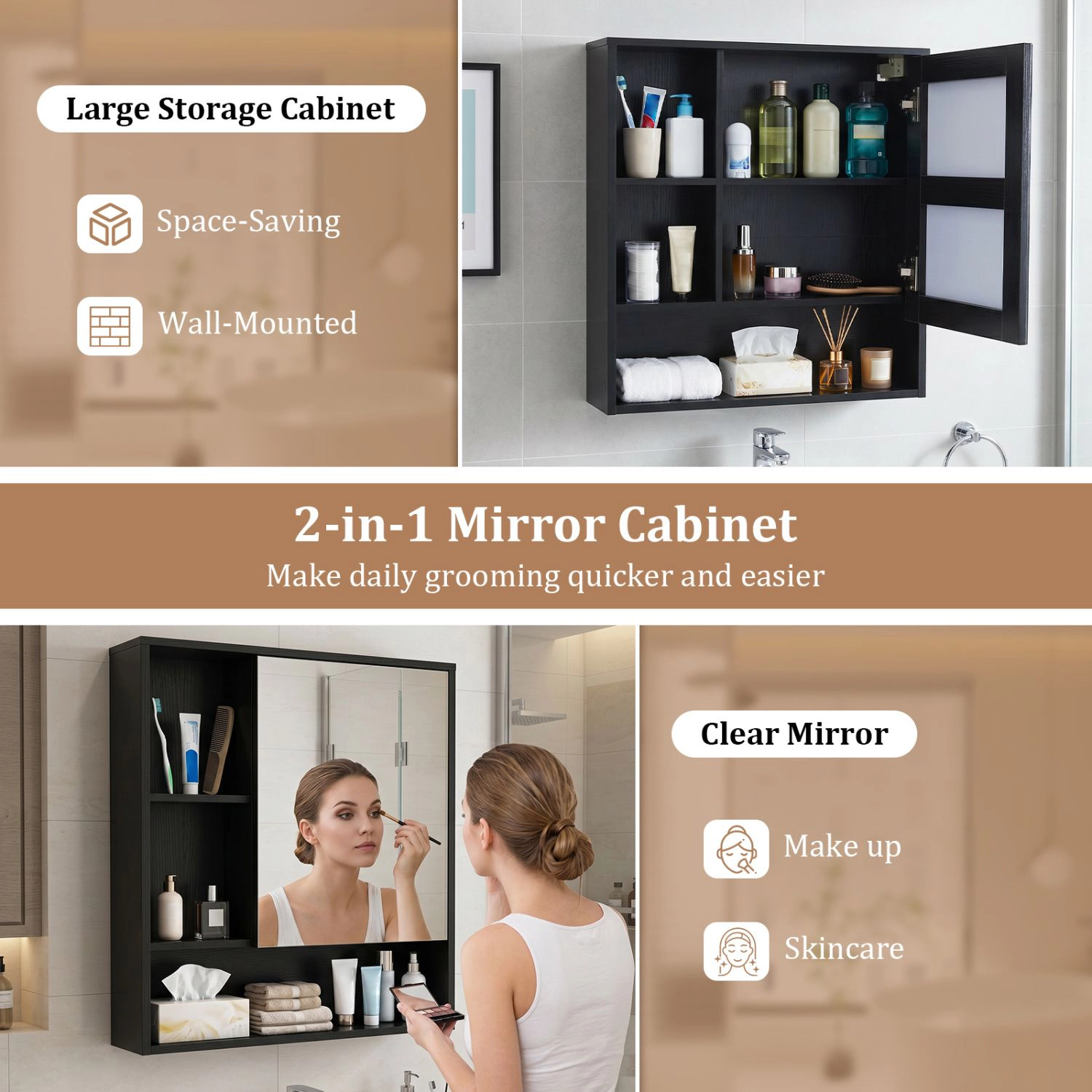 SlickBlue Bathroom Mirror Cabinet with Hidden Storage and Open Shelves