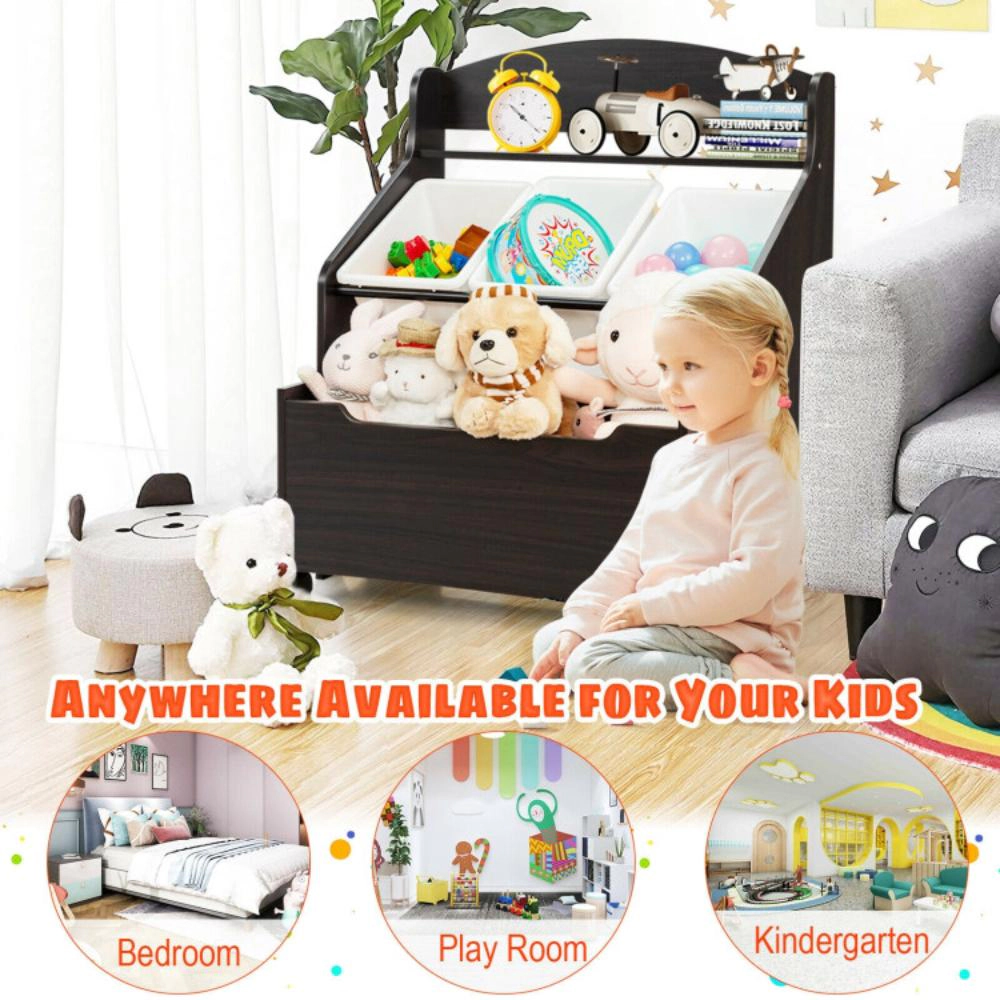 Hivvago Kids Wooden Toy Storage Unit Organizer with Rolling Toy Box and Plastic Bins