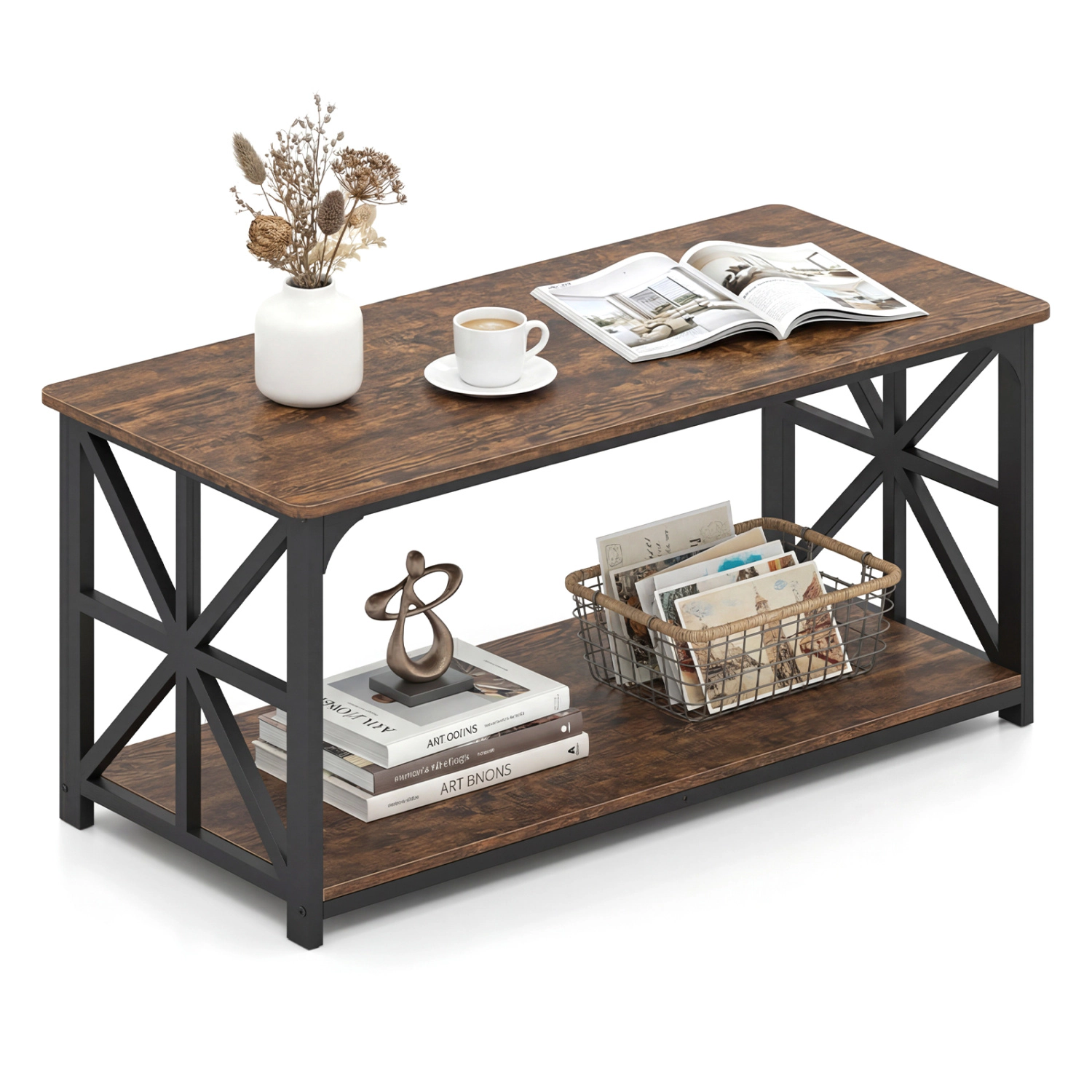 Glintex 2-Tier 43-Inch Coffee Table with X-Shaped Carbon Steel Accents