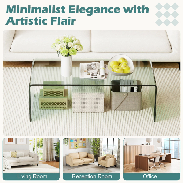 Glintex 42.5-Inch Clear Tempered Glass Coffee Table with Rounded Edges, Transparent