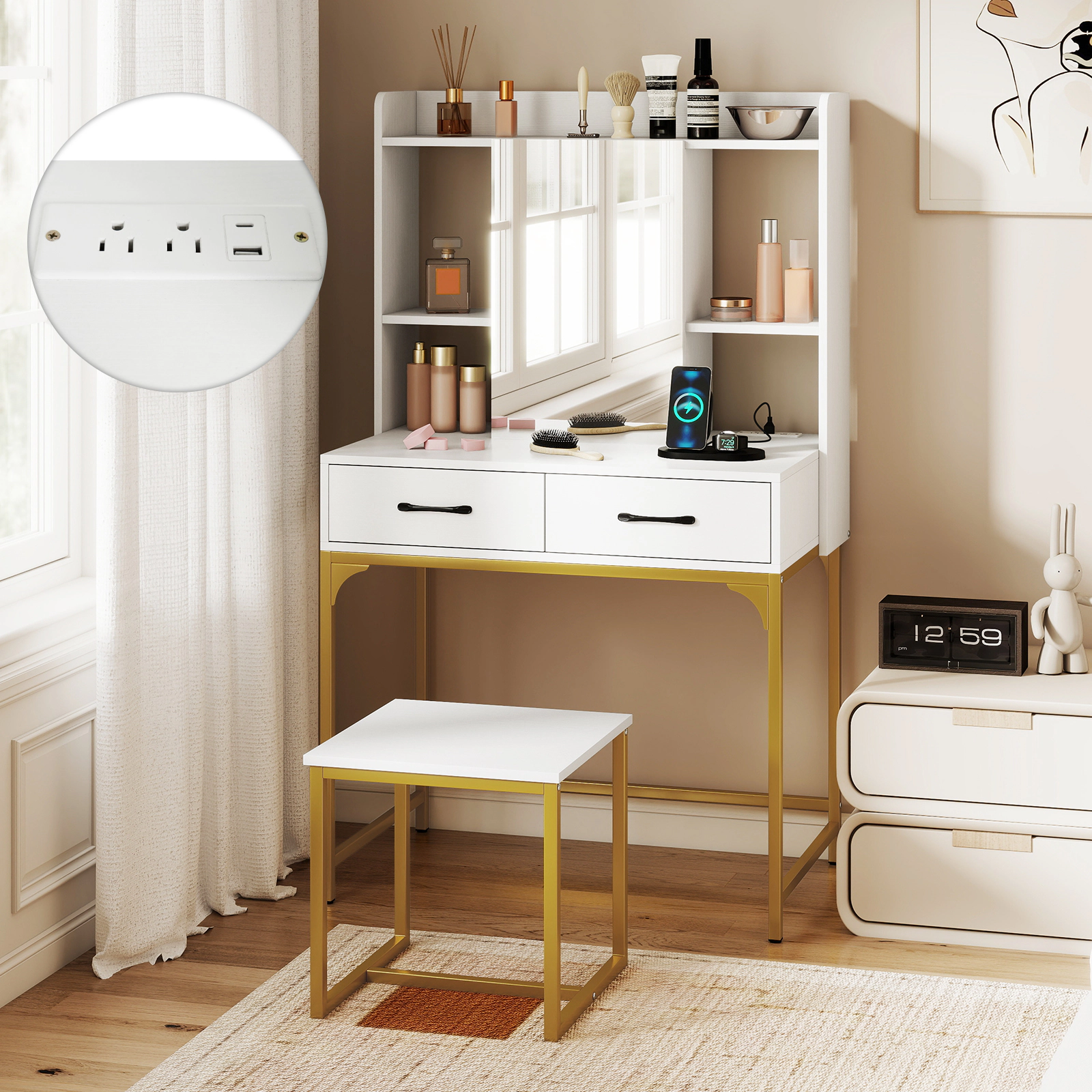 SUGIFT White Vanity Desk with Mirror, Storage Cabinet, Charging Station and Stool