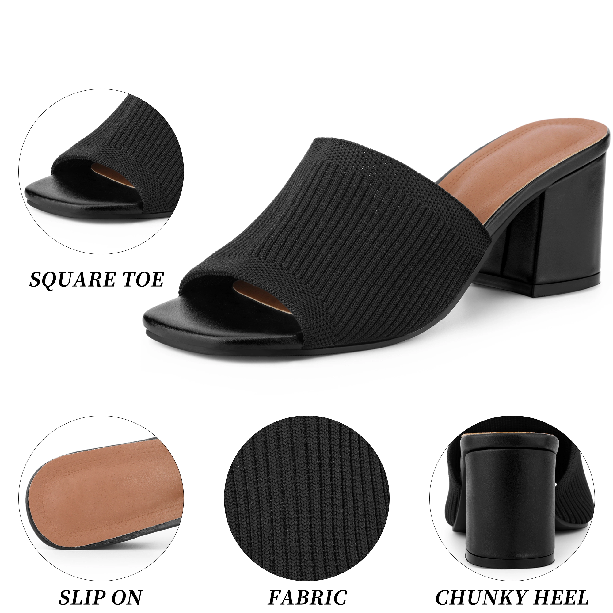 BLISSFUL STEP Women's Faux Leather Square Toe Slip on Chunky Heel Slides Sandals