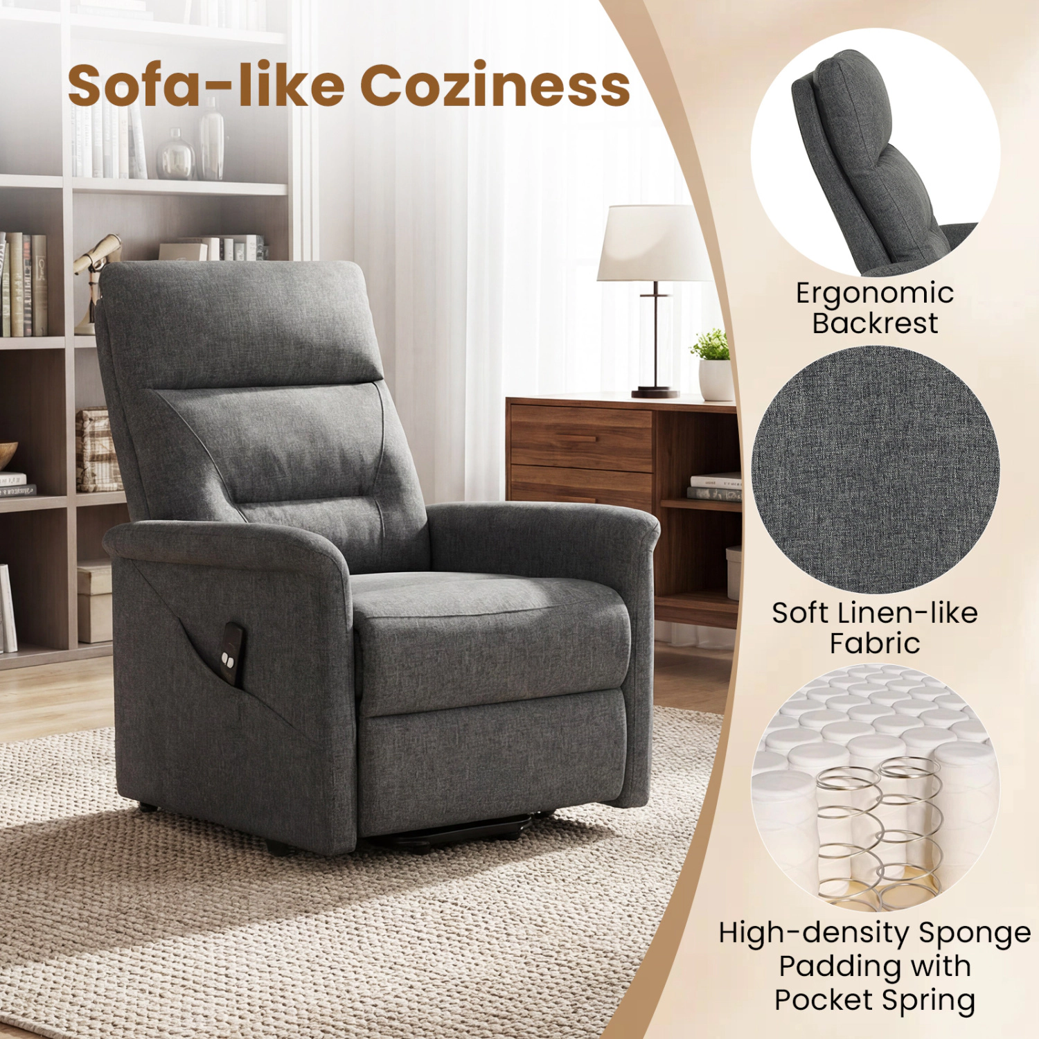 LJG Power Lift Recliner Chair for Elderly with Remote Control and Side Storage Pocket