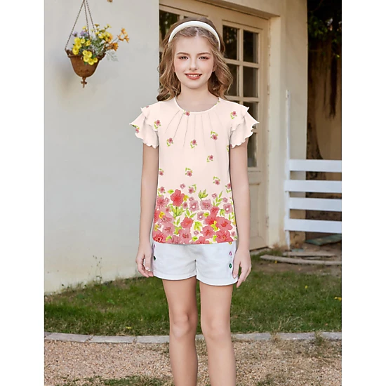Arshiner Girl's Crewneck Pleated Ruffle Short Sleeve T-Shirt