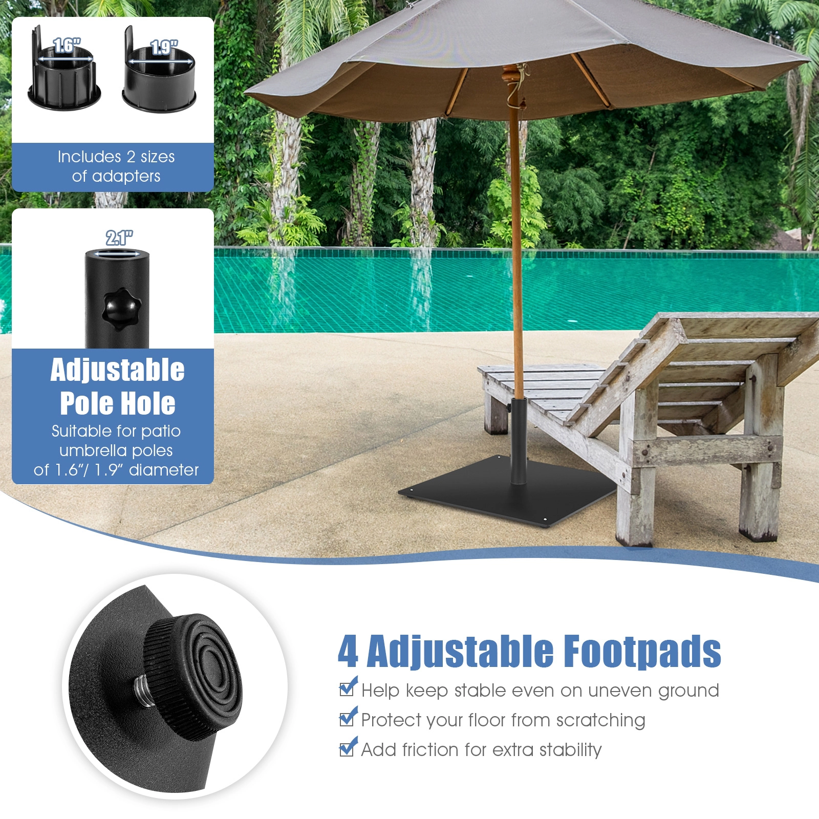 SUGIFT 20-in Square Patio Umbrella Base with 4 Adjustable Footpads for 1.6- and 1.9-in Poles Black